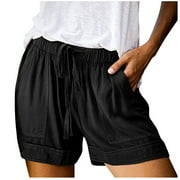 Womens Shorts Clearance, Womens Casual Loose Drawstring Shorts Splice Comfy Elastic Waist Shorts with Pocket, Bermuda Shorts for Women, Linen Shorts for Women Black M